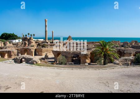 Vue panoramique sur les ruines antiques avec bains thermaux, site archéologique à Carthage. Tunis, Tunisie Banque D'Images