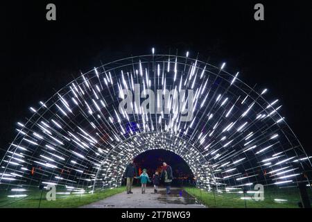 Londres, Royaume-Uni. 14 novembre 2023. Les lumières de Noël à Kew sont prêtes pour le public du 15 novembre au 7 janvier 2024. Avec 21 lumières différentes, ainsi que des arrêts repas et boissons, la grande finale est la Symphonie de Noël de musique, lumières et fontaines vues de l'autre côté de l'étang avec la Palm House en toile de fond. Crédit : Anna Watson/Alamy Live News Banque D'Images