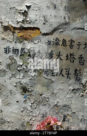 Caractères chinois écrits sur un mur de peinture pelable, Macao, Chine. Banque D'Images