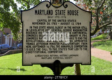 Marqueur historique donnant des informations sur la Maryland State House à Annapolis, MD Banque D'Images