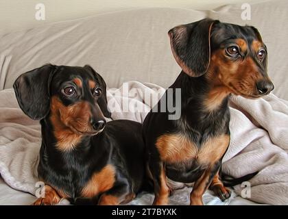 Peinture à l'huile numérique de deux chiens de teckel noirs et bronzés à poil court sur couverture Banque D'Images