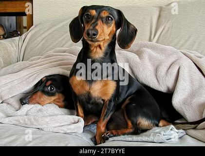 Peinture à l'huile numérique de deux chiens de teckel noirs et bronzés à poil court sur couverture Banque D'Images