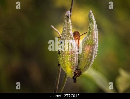 Peinture à l'huile numérique de plante colorée d'herbe à lait (Asclepias) gousse de graines vertes dans le nord du Minnesota États-Unis Banque D'Images