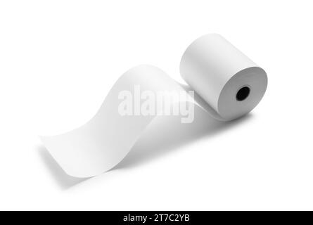 Rouleau de papier thermique pour réception isolé sur blanc Banque D'Images