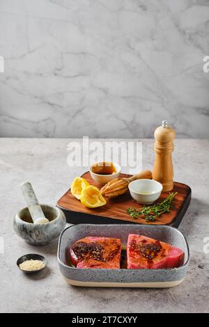 Mariné avec des épices et des herbes ahi thon steak dans un bol Banque D'Images