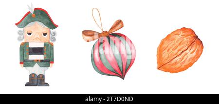 Ensemble d'aquarelle de casse-noisette soldat, boule de jouet d'arbre de Noël et noyer. Ensemble vintage de trois modèles pour cartes de Noël et affiches. Banque D'Images