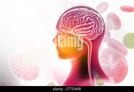 Cellules virales attaquant un cerveau humain. illustration 3d. Banque D'Images