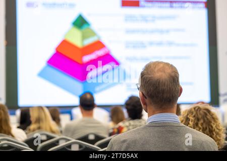 Homme d'affaires regardant Maslow hiérarchie des besoins dans le diagramme pyramidal sur l'écran de projection pendant la réunion de conférence Banque D'Images