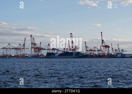 Tokyo. 14 novembre 2023. Cette photo prise le 14 novembre 2023 montre un port à Yokohama, au Japon. L'économie du Japon a reculé d'un taux annualisé de 2,1 pour cent au cours de la période juillet-septembre, a déclaré mercredi le gouvernement, marquant la première contraction en trois trimestres. Crédit : Zhang Xiaoyu/Xinhua/Alamy Live News Banque D'Images