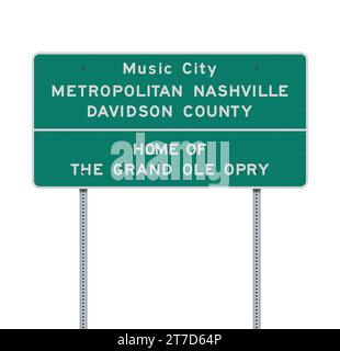 Illustration vectorielle du panneau routier vert entrant à Nashville (Tennessee) sur des poteaux métalliques Illustration de Vecteur