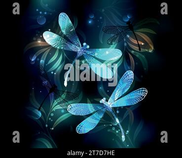 Deux libellules transparentes, lumineuses, turquoise, artistiquement dessinées sur fond de nuit avec des algues de lac luminescentes et des lucioles. Libellule incandescente. Illustration de Vecteur