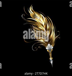 Artistiquement dessiné, stylo plume antique orné d'or moelleux, plume d'aluminium pailletée sur fond noir. Style steampunk. Illustration de Vecteur