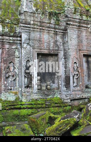 Ancien mur de pierre à Angkor Wat avec des motifs sculptés et des figures de devata féminines en haut-relief. La mousse vert vif et les traces d'ocre rouge ajoutent de la couleur Banque D'Images