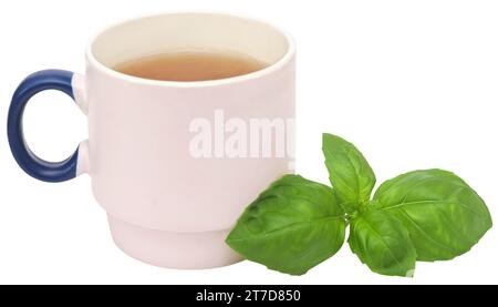 Feuilles de basilic frais avec de la tisane dans une tasse Banque D'Images