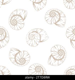 Modèle sans couture avec des coques. Fond avec coquillage sur blanc. Texture d'un mollusque marin tropical ou d'un escargot avec une coquille en spirale. Illustration vectorielle. Illustration de Vecteur