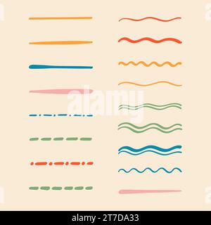 Collection de soulignements multicolores barrés. différents doodle colorés pointillés et lignes ondulées accent. Bandes de marquage horizontales dessinées à la main, Illustration de Vecteur