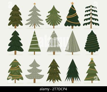 Collection d'arbres de noël d'hiver. Dessins animés sapins traditionnels décorés de boules scintillent flocons de neige et cadeaux, célébration de la saison des fêtes Illustration de Vecteur