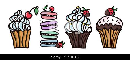 Collection d'illustrations croquetées de vecteurs de nourriture sucrée de desserts. Macaron, muffin, pudding, gâteau aux fruits. Illustration vectorielle colorée dessinée à la main Illustration de Vecteur