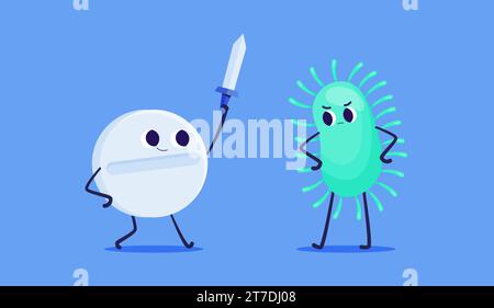 Les pilules de dessin animé combattent le virus. Capsule de médicament antibiotique, traitement de maladie de germes de vitamine colorés mignon, personnages de mascotte de pharmacie. Jeu de vecteurs Illustration de Vecteur