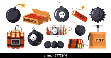 Dynamite et bombes. Dispositifs explosifs militaires de bande dessinée, grenade militaire et bombe tnt avec fusible de minuterie, pétard de danger bang. Ensemble isolé de vecteur Illustration de Vecteur