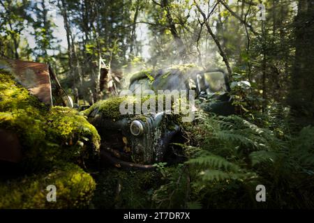 Une vieille voiture bleue dans la forêt verte en Norvège au soleil Banque D'Images