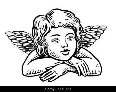 Bébé mignon avec des ailes. Petit ange dessiné à la main. Esquissez une illustration vintage Banque D'Images