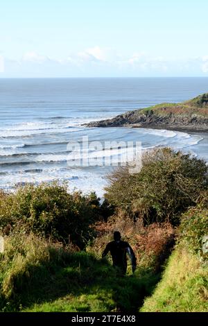 Faire du surf , marcher en combinaison avec planche de surf sous le bras sur le sentier côtier , Gower, pays de Galles Banque D'Images