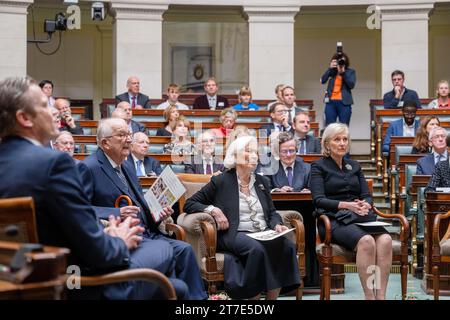 Bruxelles, Belgique. 15 novembre 2023. Le roi Albert II de Belgique, la reine Paola de Belgique et la princesse Astrid de Belgique sont photographiés lors de la célébration de la fête du roi, au Parlement fédéral à Bruxelles, le mercredi 15 novembre 2023. BELGA PHOTO JONAS ROOSENS crédit : Belga News Agency/Alamy Live News Banque D'Images