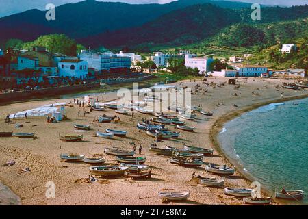 Tossa de Mar, Costa Brava, Catalogne, Espagne 1959. Photographie prise de Murallas de Tossa de Mar, le château du 12e siècle surplombant la ville. Beaucoup de petits bateaux sont sur la plage (Platja Gran) dans la baie (Badia de Tossa). En arrière-plan se trouve l'Hôtel Rovira, maintenant Hôtel Corisco (ou au moins une partie de celui-ci). Le restaurant à côté de l'hôtel est maintenant café d'en Biel. La zone montagneuse au loin est le Massis de l'Ardenya/massif de Cadiretes. Banque D'Images