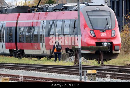 Rostock, Allemagne. 15 novembre 2023. Un préposé de train marche vers un train stationné près de la gare principale. Le syndicat allemand des conducteurs de train (GDL) avait appelé à une grève de 20 heures chez Deutsche Bahn AG. Crédit : Bernd Wüstneck/dpa/Alamy Live News Banque D'Images