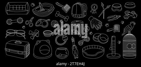 Ensemble de fournitures pour animaux de compagnie. Accessoires pour animaux. Oreiller de couchage, jouet à mâcher, médaille, ciseaux, coupe-ongles, brosse, enlèvement de fourrure, aquarium, porte-sac à dos Illustration de Vecteur