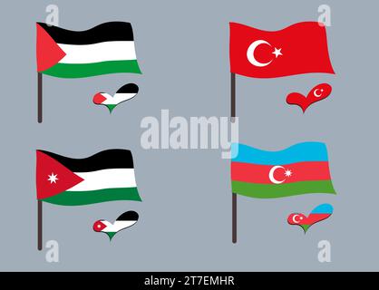 Ensemble de drapeaux (Turquie, Palestine, Jordanie, Azerbaïdjan). Coeur en couleurs de drapeau. Ensemble de symboles nationaux. Illustration de Vecteur