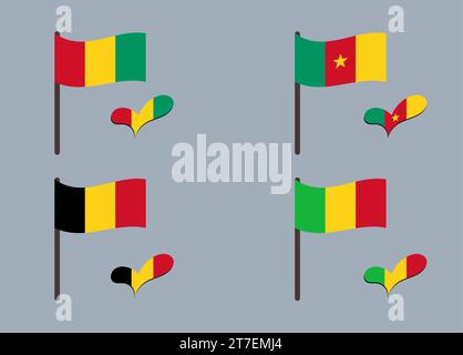 Ensemble de drapeaux (Belgique, Guinée, Cameroun, Mali). Coeur en couleurs de drapeau. Ensemble de symboles nationaux. Illustration de Vecteur