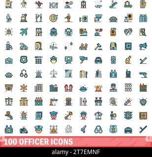 100 icônes d'officier définies. Ligne de couleur ensemble d'icônes vectorielles d'officier couleur de ligne mince plat sur blanc Illustration de Vecteur