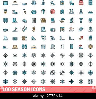 ensemble de 100 icônes de saison. Ligne de couleur ensemble d'icônes de vecteur de saison couleur de ligne mince plat sur blanc Illustration de Vecteur