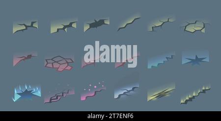 Briller à partir des icônes de fissures définir vecteur isométrique. Lave magma. Terrain de vent de fracture Illustration de Vecteur