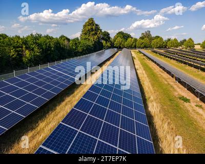 Rangées de capteurs solaires et de panneaux solaires d'une centrale solaire dans un parc solaire sur un champ agricole près de sonne, en Allemagne Banque D'Images