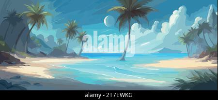 Bannière Paradise plage d'une île tropicale, palmiers, sable blanc, eau azur, ciel avec nuages. Vecteur Illustration de Vecteur