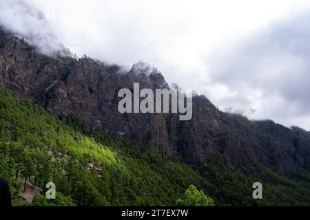 Image d'un coin de montagne à El Paso, la Palma ; Espagne. où nous pouvons voir des montagnes, des espaces verts avec des pins et des nuages qui caressent les montagnes Banque D'Images