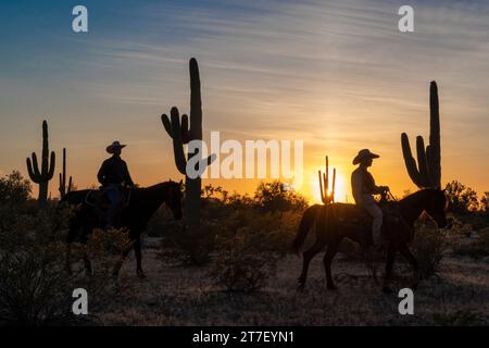 Hunter Cooley et Zach Libby ride au coucher du soleil, White Stallion guest ranch, Marana, Arizona Banque D'Images