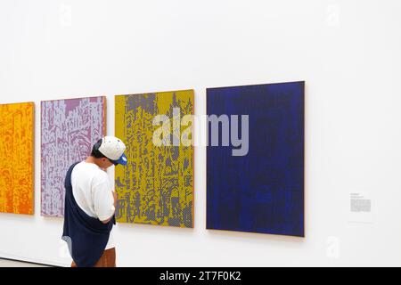 Homme en casquette étudiant l'art abstrait moderne peintures de Lichtenstein dans la large galerie d'art los angeles Banque D'Images