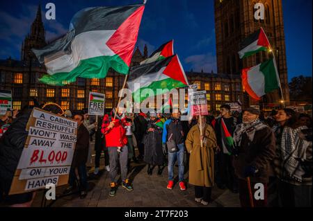 Londres, Royaume-Uni. 15 novembre 2023. La Palestine proteste devant le Parlement pour appeler à un cessez-le-feu comme débat du député sur la question. La foule nombreuse réagit à la dernière flambée de violence et à la réponse israélienne à Gaza et à la marche semblait entièrement pacifique. La manifestation a été organisée par la Palestine Solidarity Campaign UK et les amis d'Al Aqsa parmi beaucoup d'autres. Crédit : Guy Bell/Alamy Live News Banque D'Images