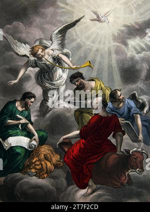 Illustration des quatre évangélistes Matthieu, Marc, Luc et Jean et de leurs attributs un Ange, Lion, bœuf et un Aigle de la Fami auto-interprétant Banque D'Images