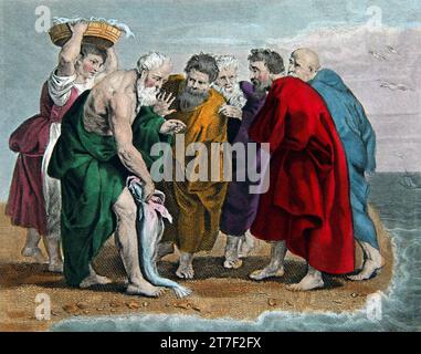 Illustration de Pierre trouvant l'argent d'hommage trouver la pièce d'argent dans une bouche de poisson (Matthieu XVII.27) de la Bible de la famille d'auto-interprétation Banque D'Images