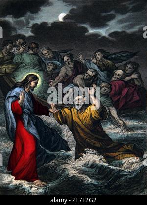 Illustration de la foi de Pierre lui fait défaut de la Bible de la famille auto-interprétant l'apôtre Pierre est sorti du bateau et est venu à Jésus qui marchait dessus Banque D'Images