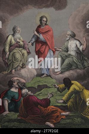 Illustration de la Transfiguration (Marc IX.2) tirée de la Bible de la famille auto-interprétante Banque D'Images