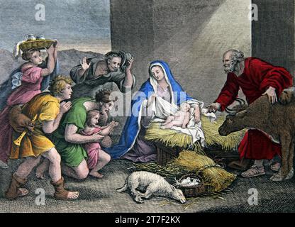 Illustration de l'adoration des bergers (Luc II.16) tirée de la Bible de la famille auto-interprétant Banque D'Images