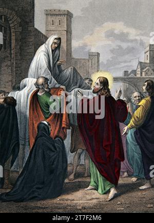 Illustration de Christ élevant le fils de la veuve Nain's (Luc) tirée de la Bible de la famille auto-interprétant Banque D'Images