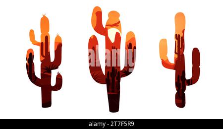 Paysage désertique mexicain aux silhouettes de cactus. Vector double exposition de cactus de saguaro avec nature désertique de sable au coucher du soleil, plantes succulentes d'agave, montagnes, ciel orange avec oiseau et soleil couchant Illustration de Vecteur