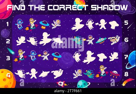Trouvez l'ombre correcte des astronautes dans l'espace avec des planètes extraterrestres OVNI et galaxie, jeu de quiz vectoriel pour les enfants. Puzzle de feuille de calcul de match d'ombre avec l'homme de l'espace enfant sur la fusée ou le vaisseau spatial dans les étoiles de galaxie et de ciel Illustration de Vecteur